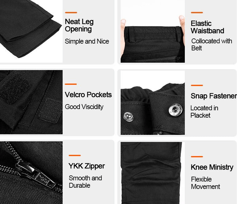 Features of trekking trousers including neat leg opening, elastic waistband, Velcro pockets, snap fastener, YKK zipper, and knee ministry.